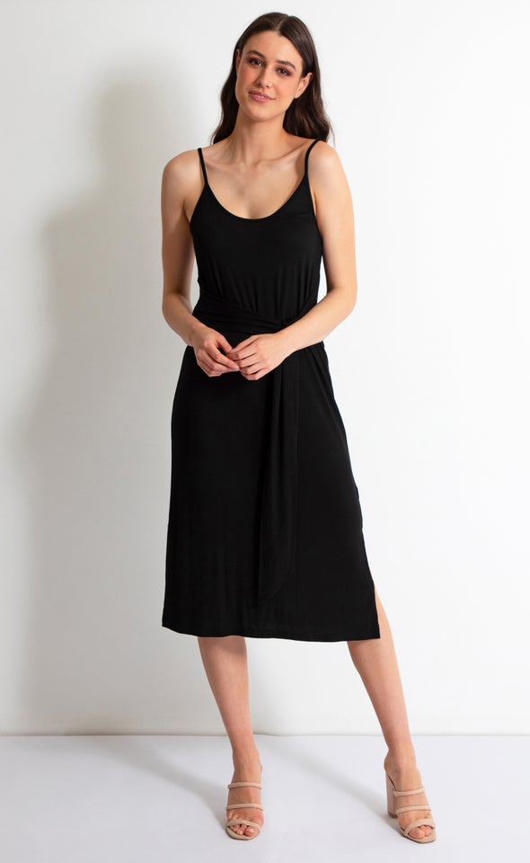 Jersey Tie Detail Midi Dress Black