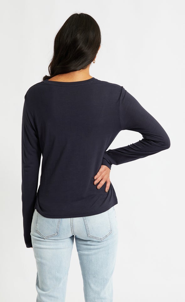 Jersey Tie Front LS Top Navy