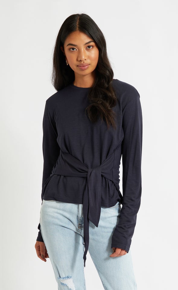 Jersey Tie Front LS Top Navy