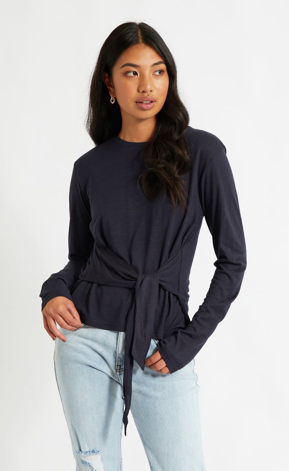 Jersey Tie Front LS Top Navy