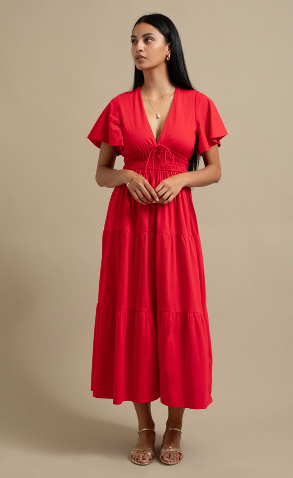 Jersey Tie Front Midi Dress Red