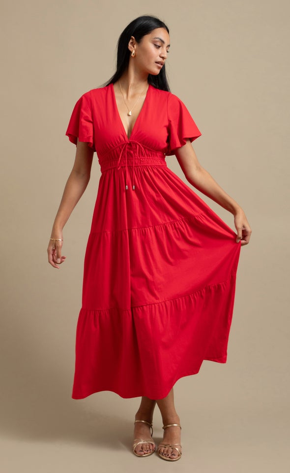 Jersey Tie Front Midi Dress Red