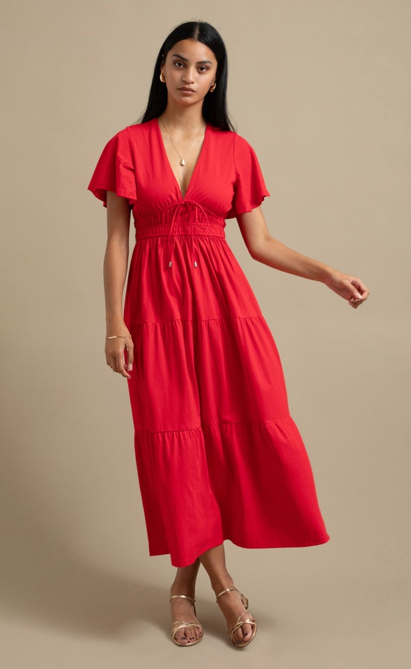 Jersey Tie Front Midi Dress Red