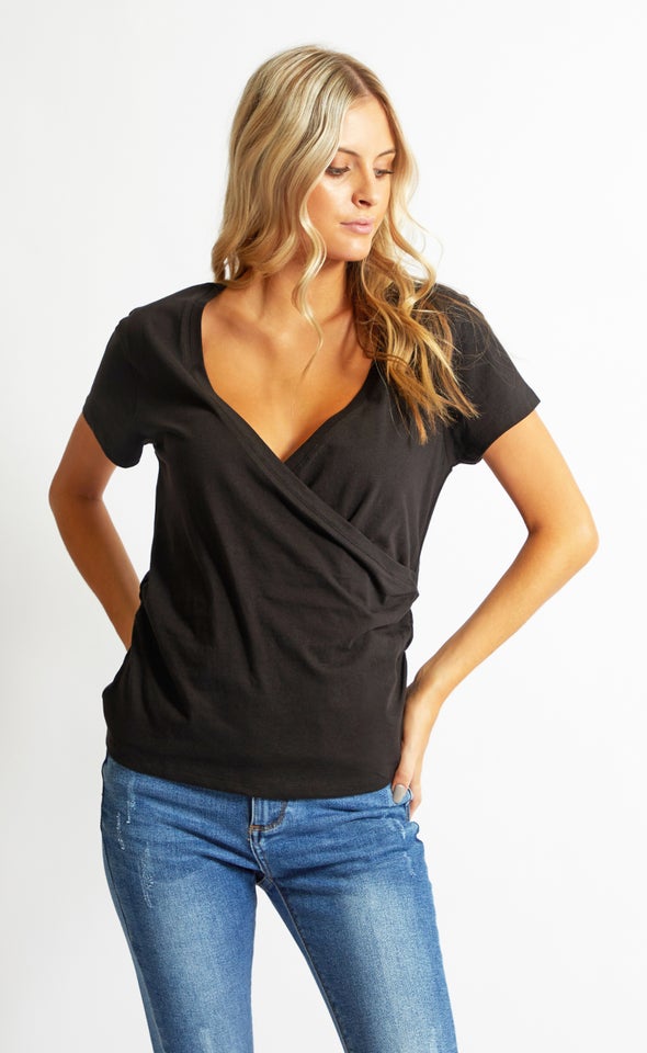 Jersey V Neck Wrap Tee Black