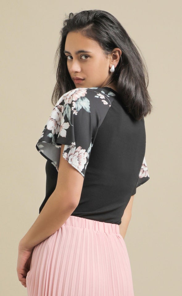 Knit Printed Raglan Top Black/floral