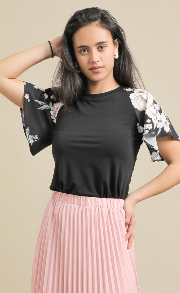 Knit Printed Raglan Top Black/floral
