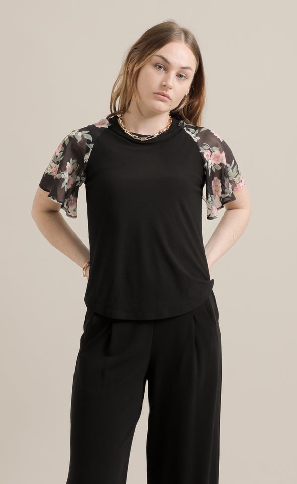 Knit Printed Raglan Top Black/pink Floral