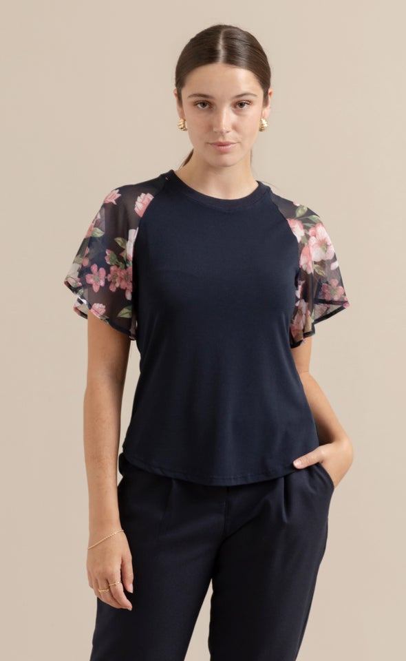 Knit Printed Raglan Top Navy/floral