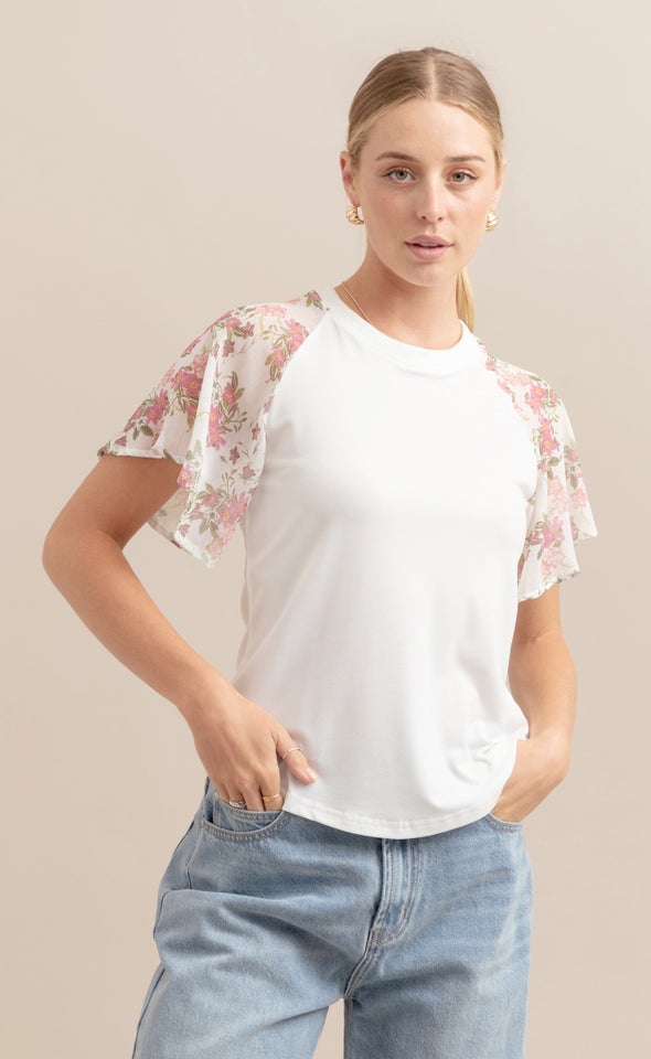 Knit Printed Raglan Top White/pink Floral