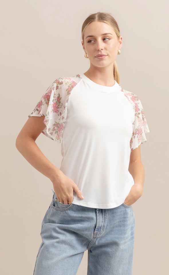 Knit Printed Raglan Top White/pink Floral