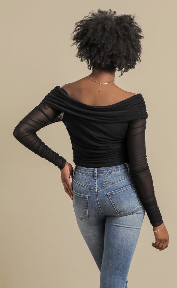 Knit Ruched Bardot Top Black