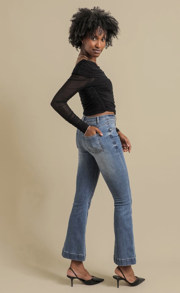 Knit Ruched Bardot Top Black