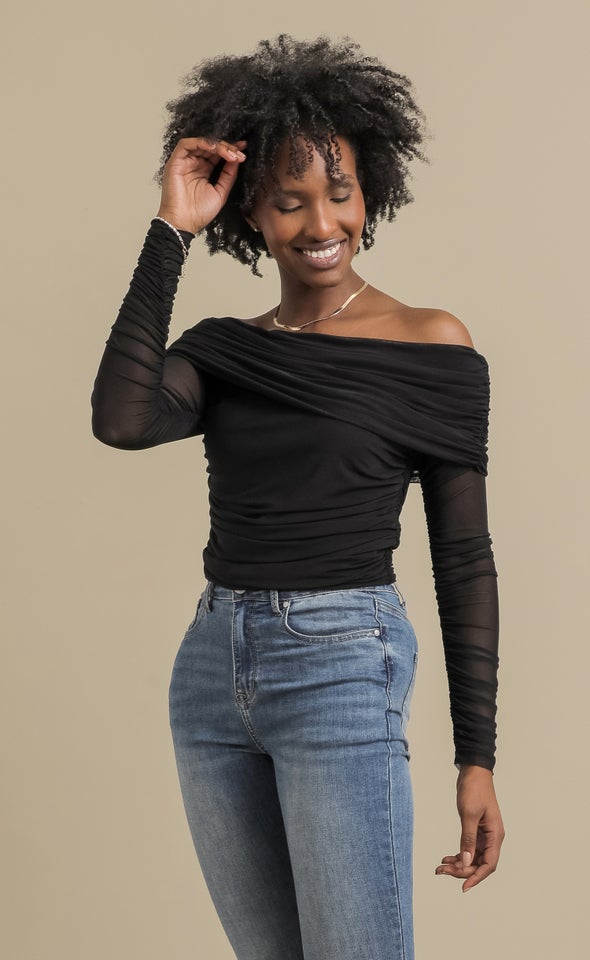 Knit Ruched Bardot Top Black
