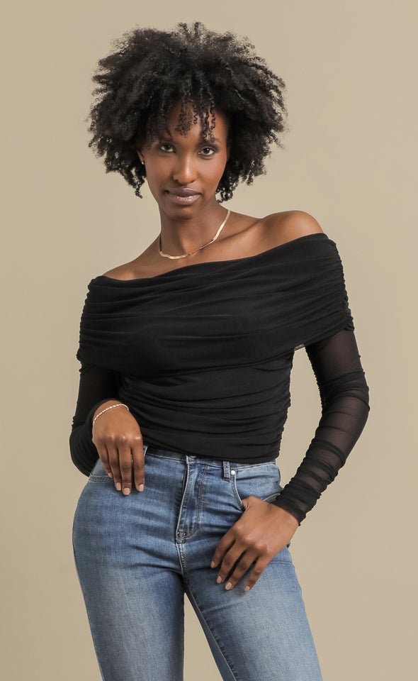 Knit Ruched Bardot Top Black