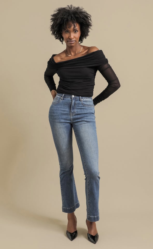 Knit Ruched Bardot Top Black