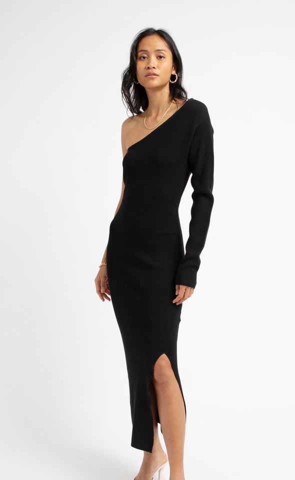 Knitwear Asymmetric Midi Dress Black
