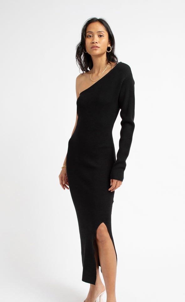 Knitwear Asymmetric Midi Dress Black