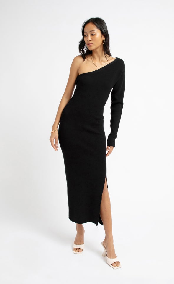 Knitwear Asymmetric Midi Dress Black