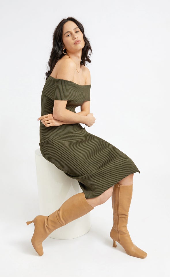 Knitwear Bardot Midi Dress Khaki