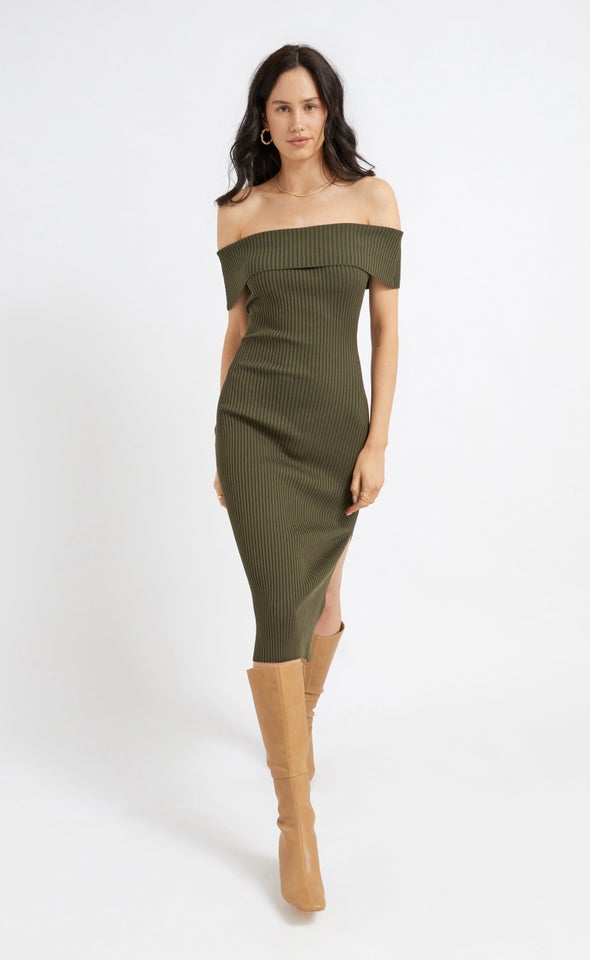 Knitwear Bardot Midi Dress Khaki