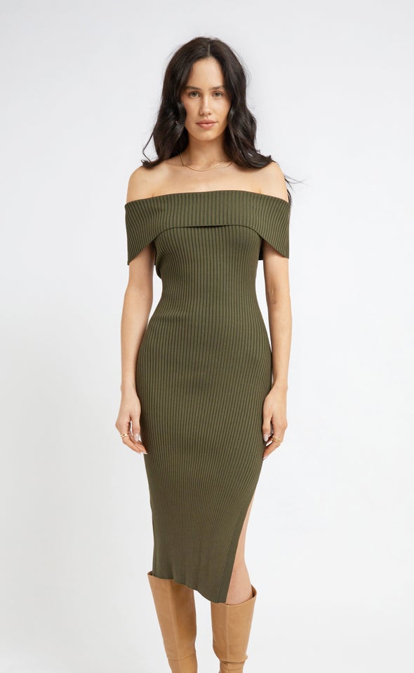Knitwear Bardot Midi Dress Khaki