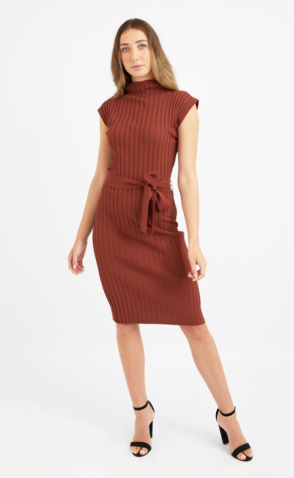 Knitwear Belted Pencil Dress Chocolate