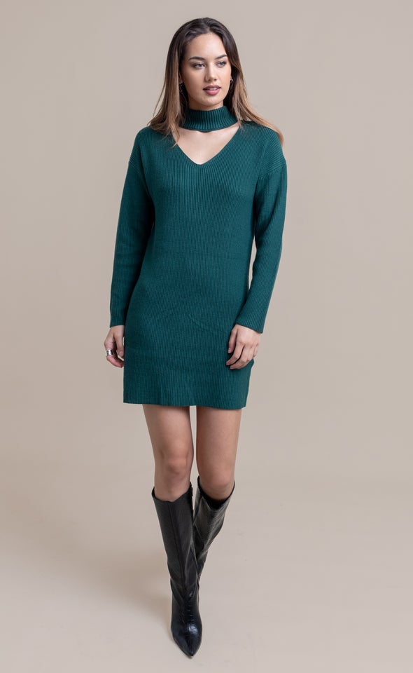 Knitwear Choker Detail Jumper Dress Emerald