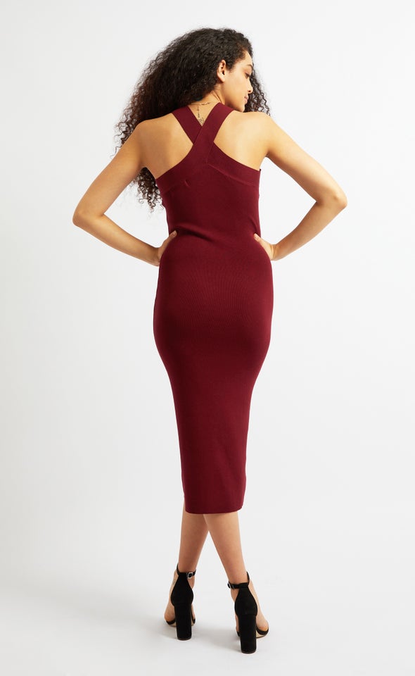 Knitwear Cross Strap Midi Dress Dark Cherry