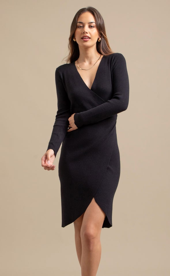 Knitwear Front Wrap Dress Black