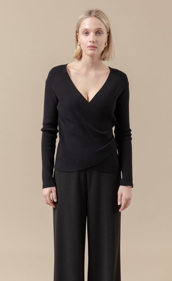 Knitwear Front Wrap Top Black
