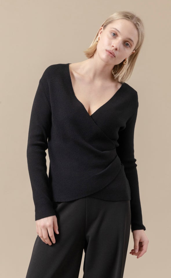 Knitwear Front Wrap Top Black