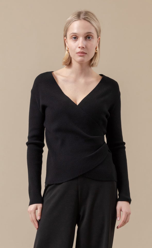 Knitwear Front Wrap Top Black