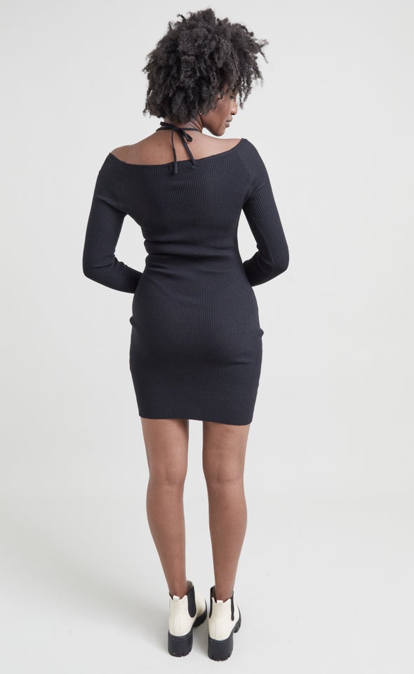 Knitwear Halter Neck Tie LS Dress Black