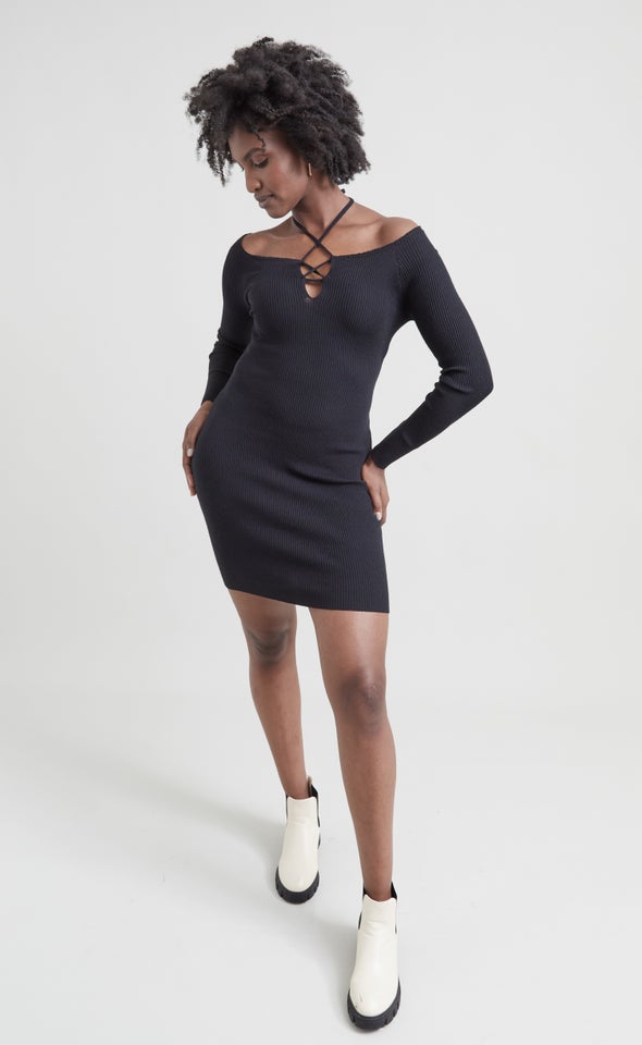Knitwear Halter Neck Tie LS Dress Black