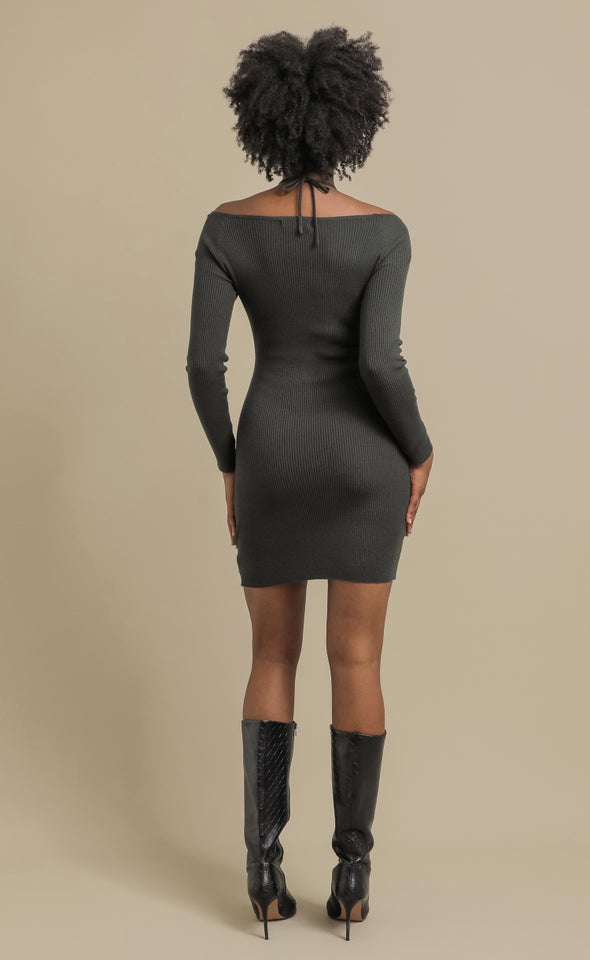 Knitwear Halter Neck Tie LS Dress Olive