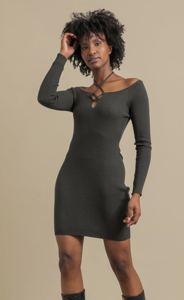 Knitwear Halter Neck Tie LS Dress Olive