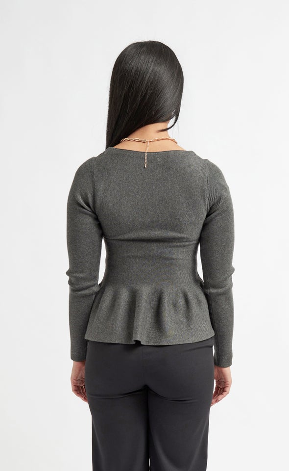 Knitwear LS Peplum Top Charcoal Marle