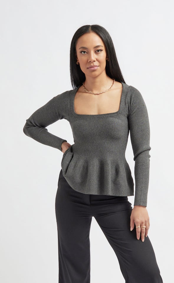 Knitwear LS Peplum Top Charcoal Marle