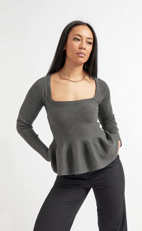 Knitwear LS Peplum Top Charcoal Marle