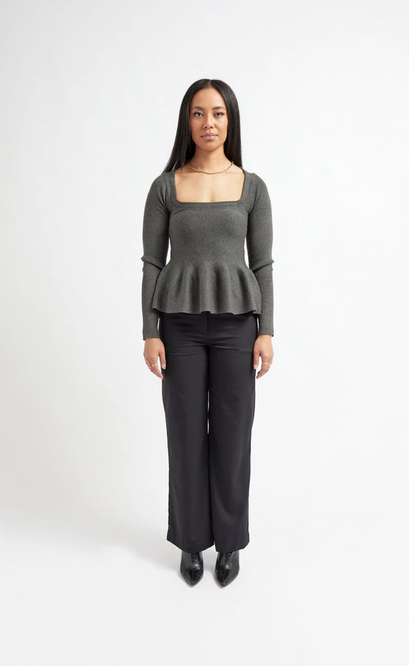 Knitwear LS Peplum Top Charcoal Marle