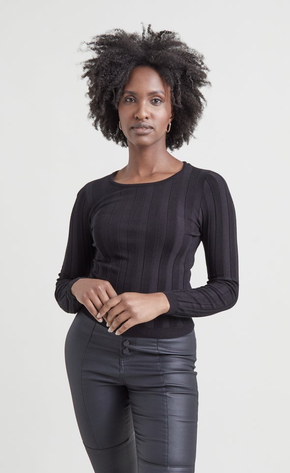 Knitwear Mixed Rib LS Top Black