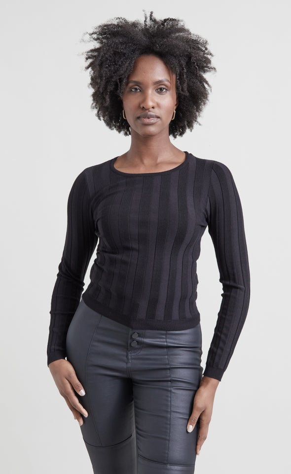 Knitwear Mixed Rib LS Top Black