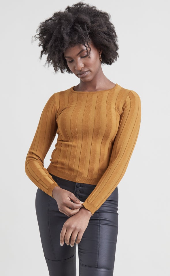 Knitwear Mixed Rib LS Top Mustard