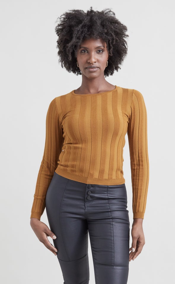 Knitwear Mixed Rib LS Top Mustard