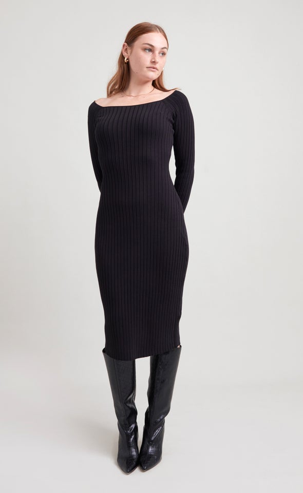 Knitwear Off Shoulder Midi Dress Black