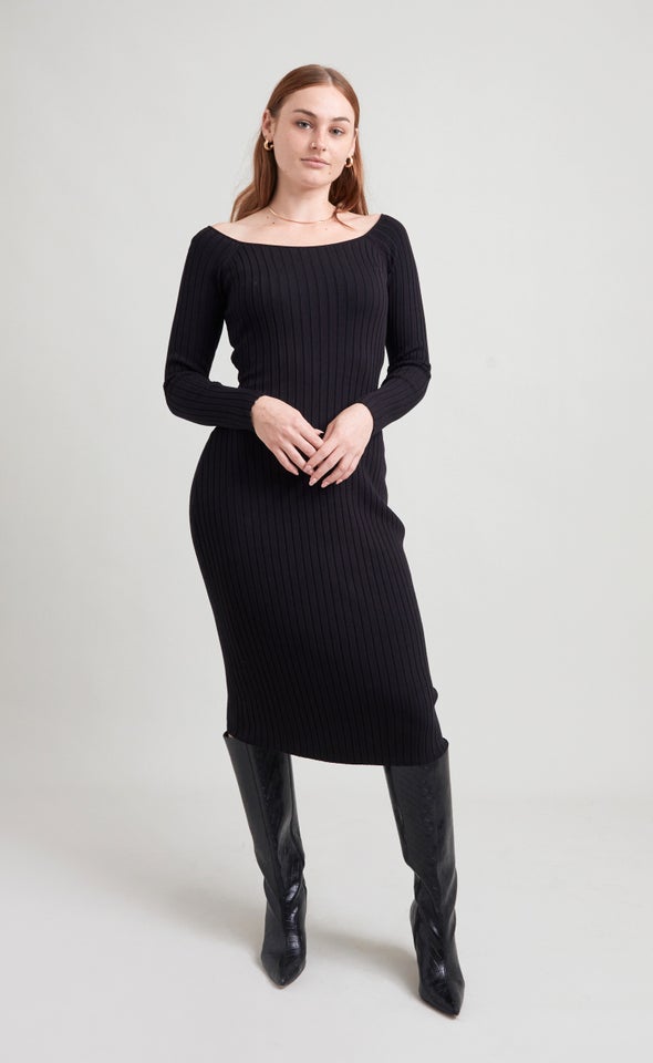 Knitwear Off Shoulder Midi Dress Black
