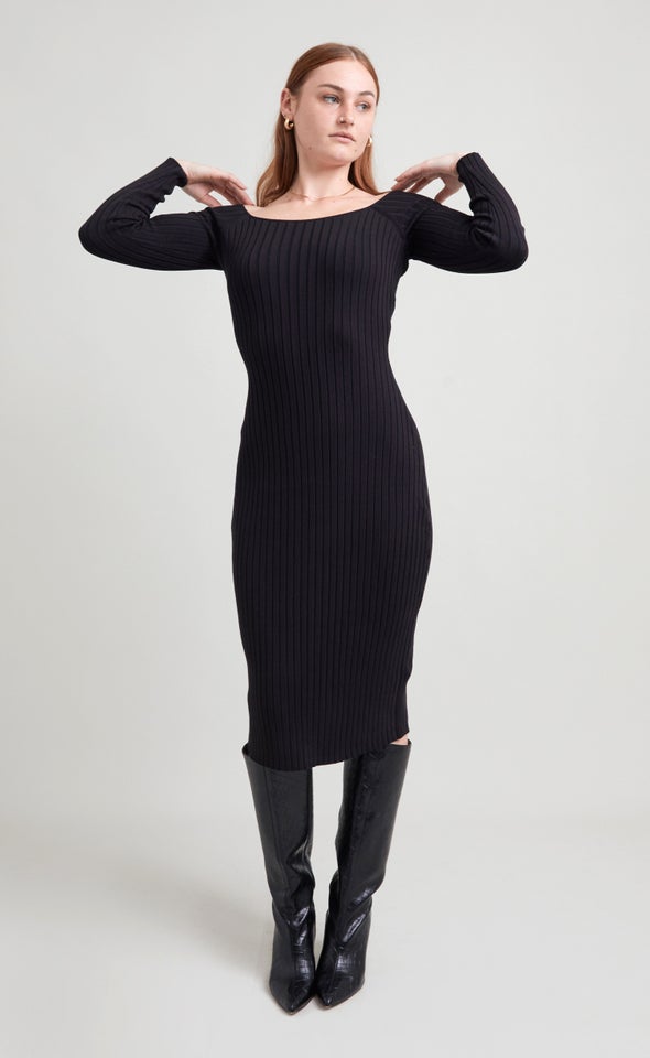 Knitwear Off Shoulder Midi Dress Black
