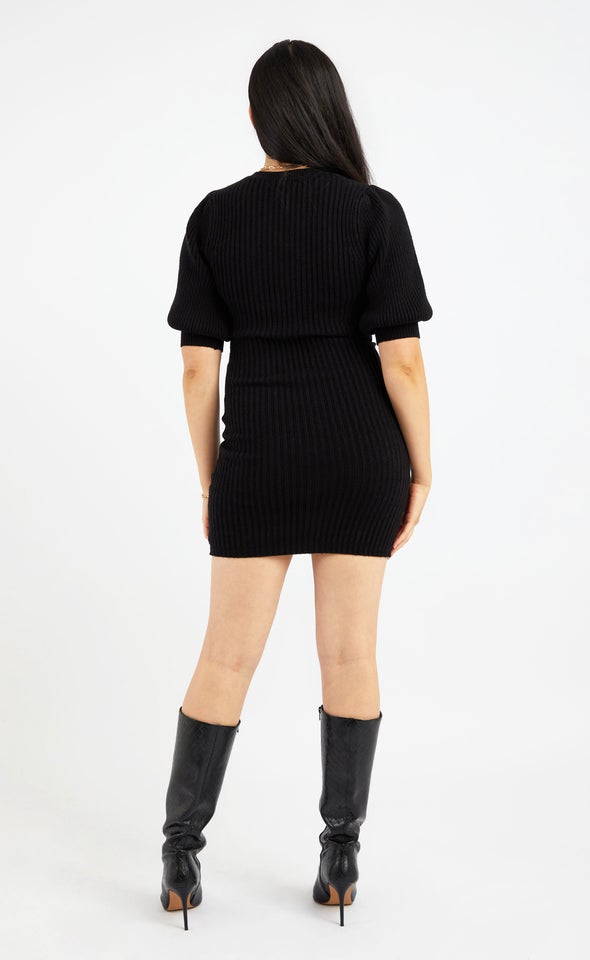Knitwear Puff Sleeve Jumper Dress Black