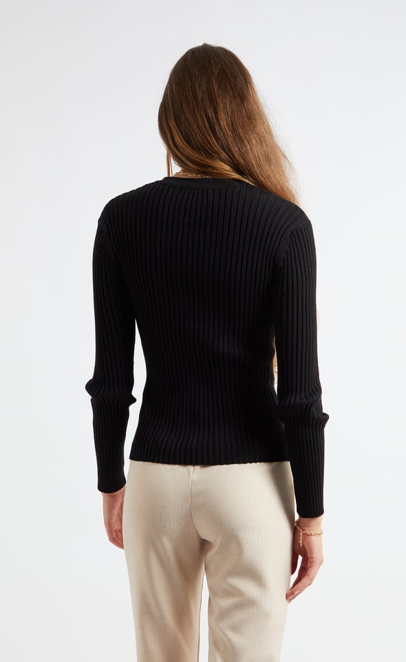Knitwear Ribbed Button Up Top Black