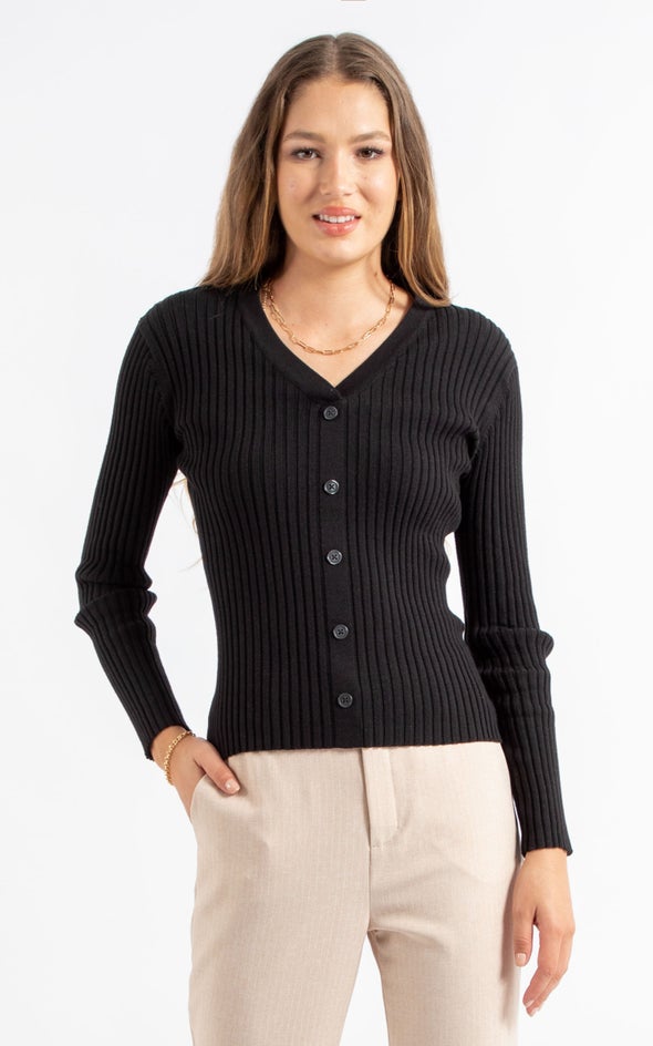 Knitwear Ribbed Button Up Top Black